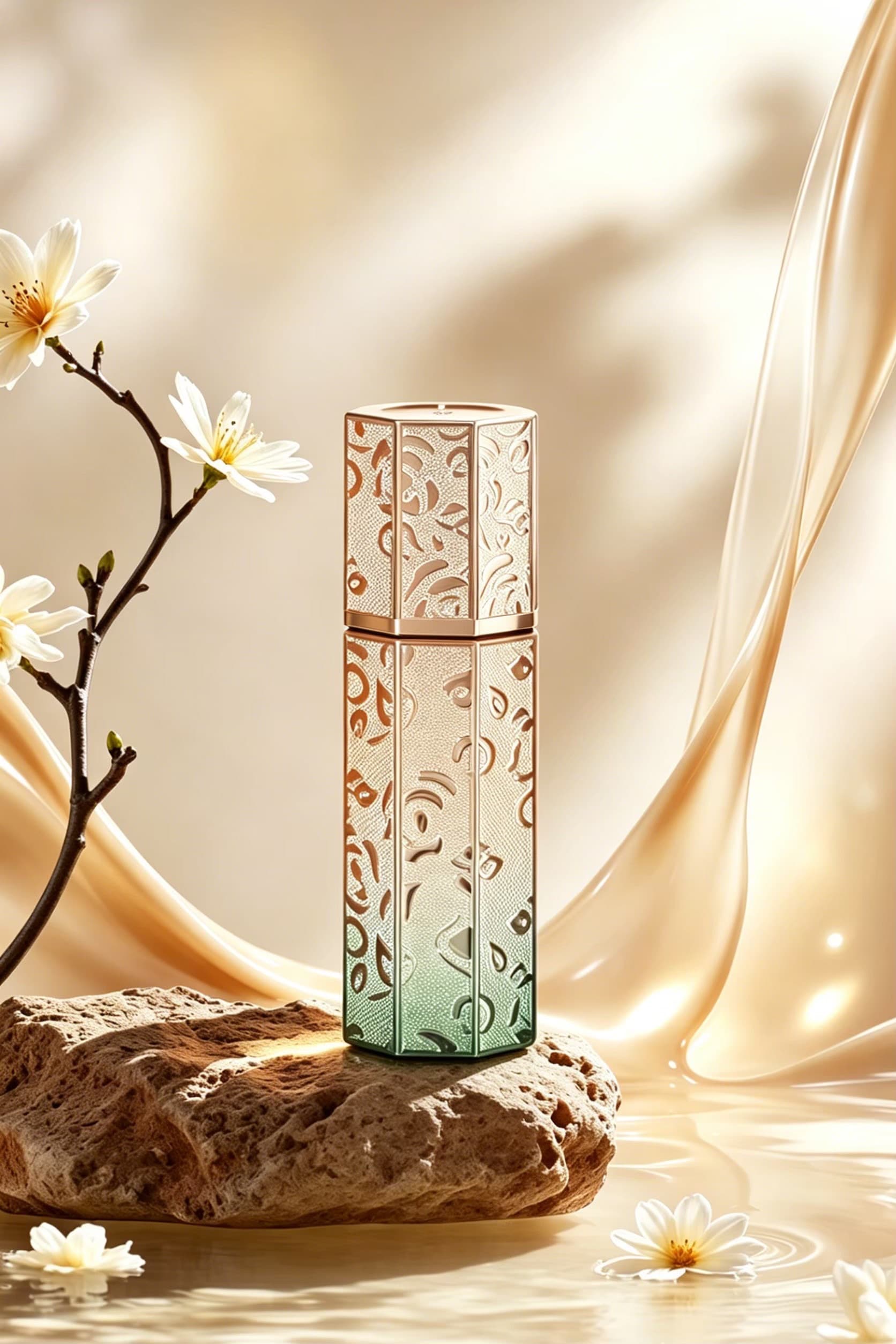 แพ็กเกจจิ้งเครื่องสำอางทรงสูงตกแต่งผิวโลหะสีทองในบรรยากาศพรีเมียม